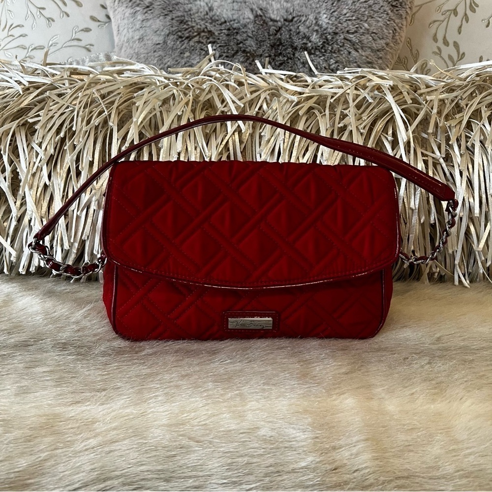 VERA BRADLEY Tango Red Microfiber Shoulder Bag Chain Quilted Clutch East West
